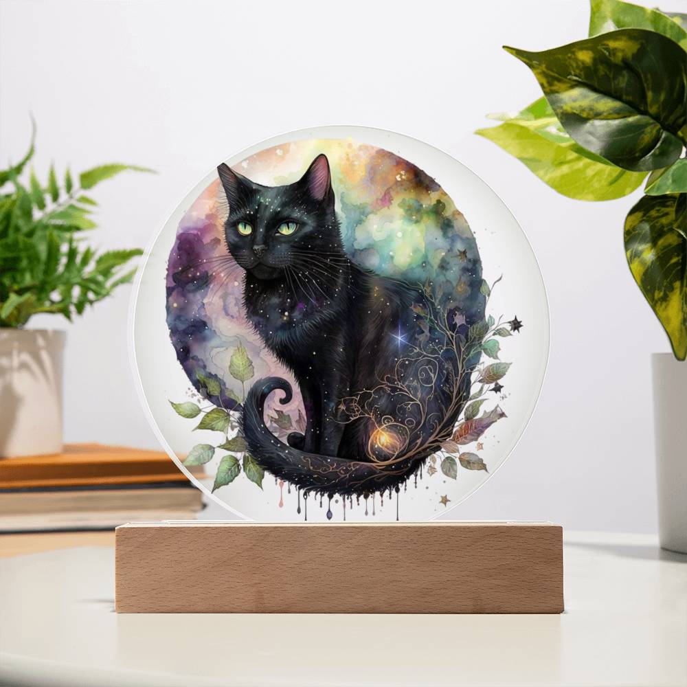 Charming Night Prowler: Black Cat Printed Circle Acrylic Plaque with LED Lighted Wooden Base