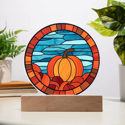 Pumpkin Stained-Glass Fall, Halloween, or Thanksgiving Home Decor Round Acrylic Plaque with Lighted LED Wooden Base