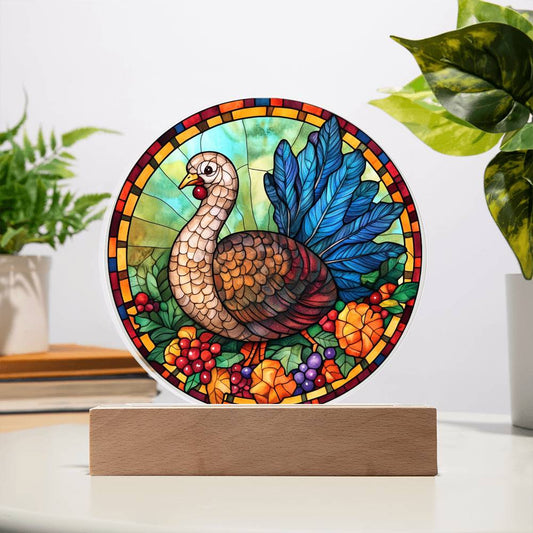 Turkey Stained-glass Round Acrylic Plaque - LED Lighted Wooden Base