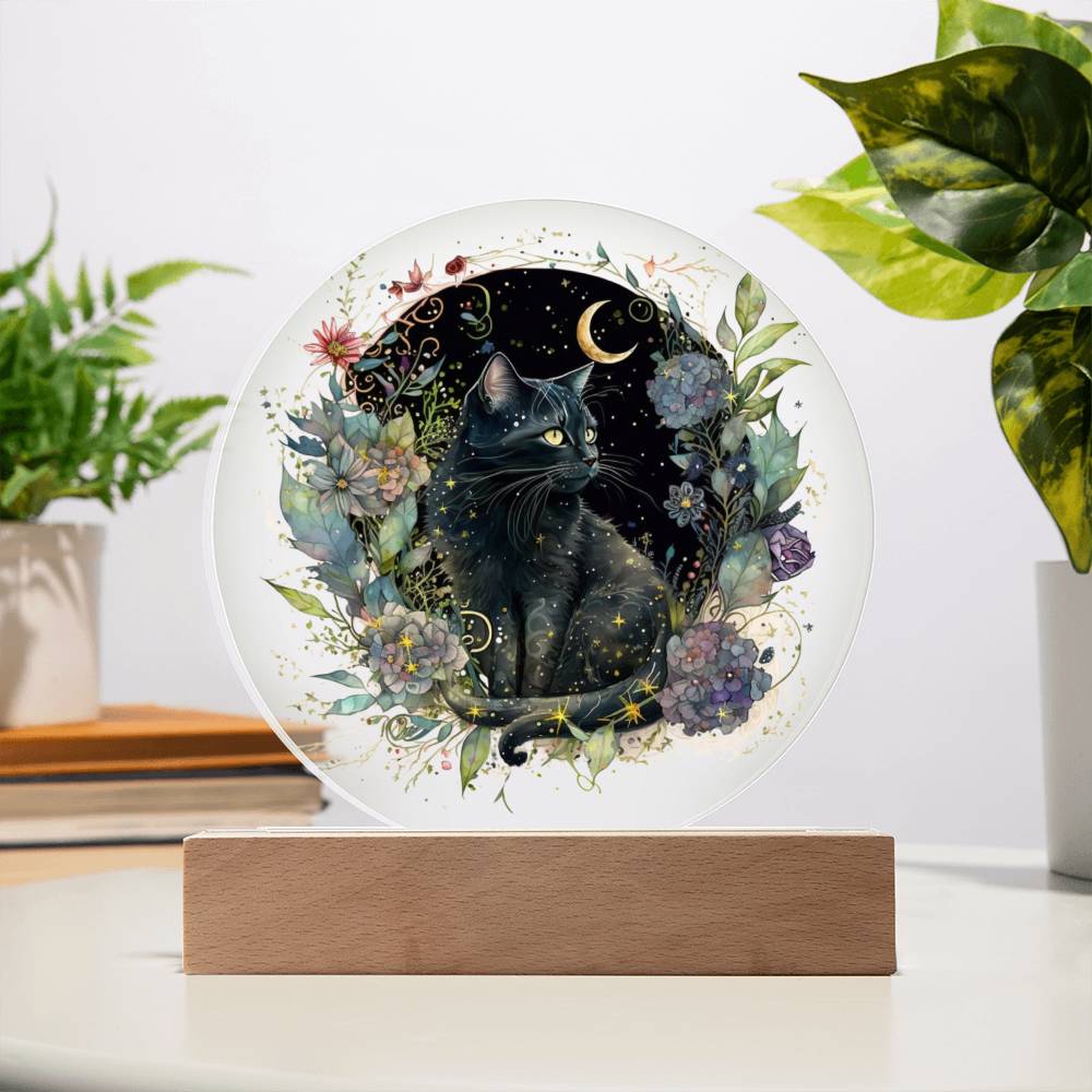 Black Cat Bewitchment: Halloween Printed Circle Acrylic Plaque with LED Lighted Wooden Base