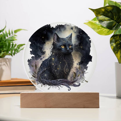 Black Cat Magic Spooky Halloween Printed Circle Acrylic Plaque with LED Lighted Wooden Base