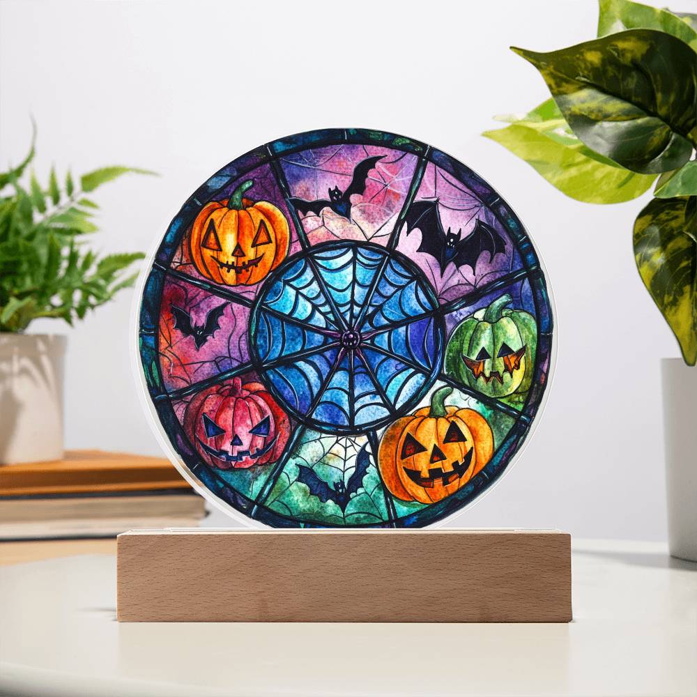 Spooky Halloween Decor Round Acrylic Plaque with Lighted LED Wooden Base