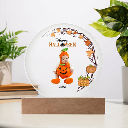 Personalized Halloween Photo Upload - Baby First Halloween Keepsake - Family Costume Round Acrylic Plaque with LED Lighted Base