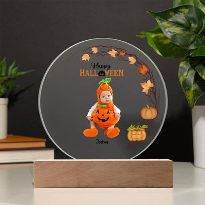 Personalized Halloween Photo Upload - Baby First Halloween Keepsake - Family Costume Round Acrylic Plaque with LED Lighted Base