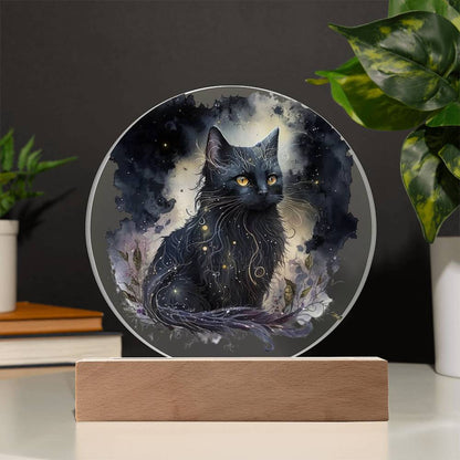 Black Cat Magic Spooky Halloween Printed Circle Acrylic Plaque with LED Lighted Wooden Base