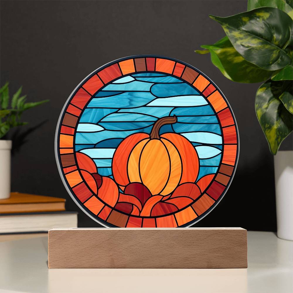 Pumpkin Stained-Glass Fall, Halloween, or Thanksgiving Home Decor Round Acrylic Plaque with Lighted LED Wooden Base