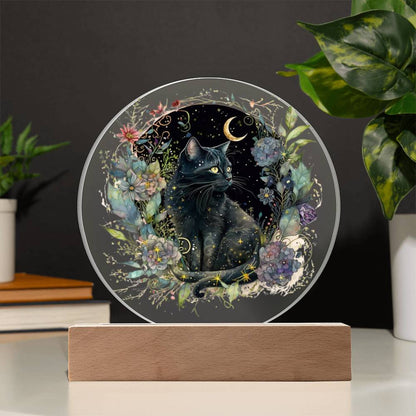 Black Cat Bewitchment: Halloween Printed Circle Acrylic Plaque with LED Lighted Wooden Base