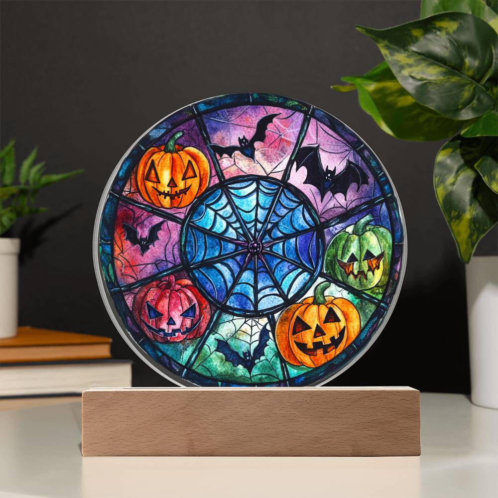 Spooky Halloween Decor Round Acrylic Plaque with Lighted LED Wooden Base