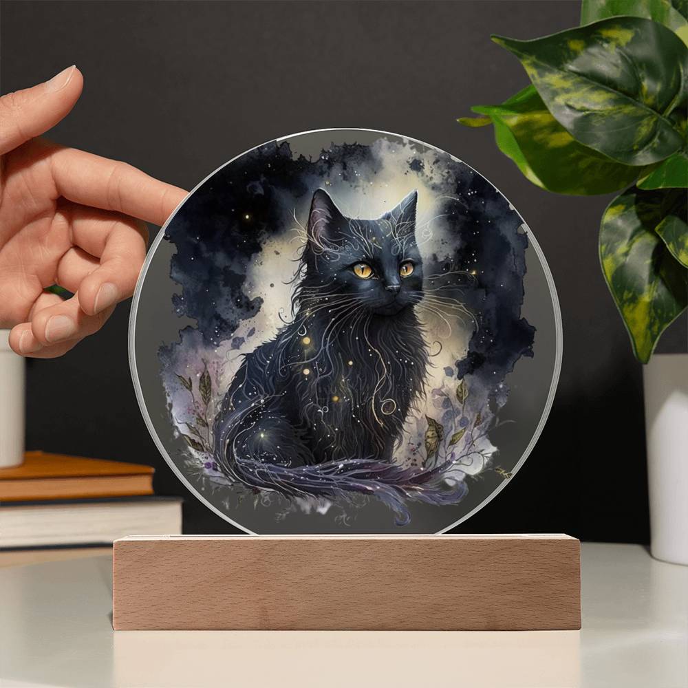 Black Cat Magic Spooky Halloween Printed Circle Acrylic Plaque with LED Lighted Wooden Base