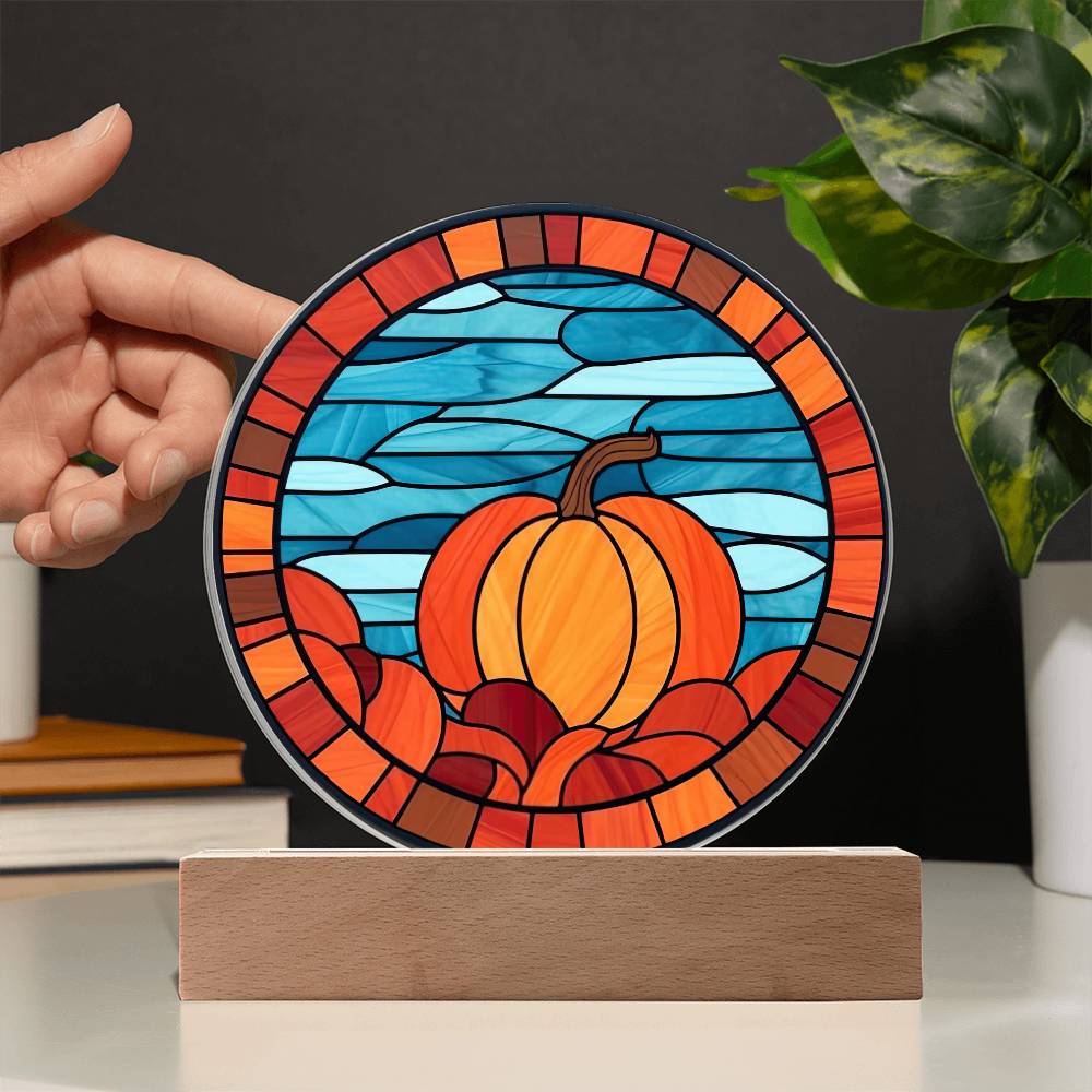 Pumpkin Stained-Glass Fall, Halloween, or Thanksgiving Home Decor Round Acrylic Plaque with Lighted LED Wooden Base