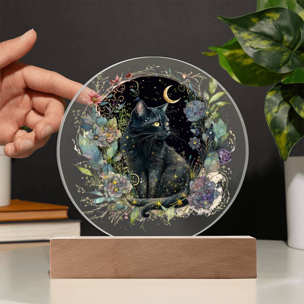 Black Cat Bewitchment: Halloween Printed Circle Acrylic Plaque with LED Lighted Wooden Base