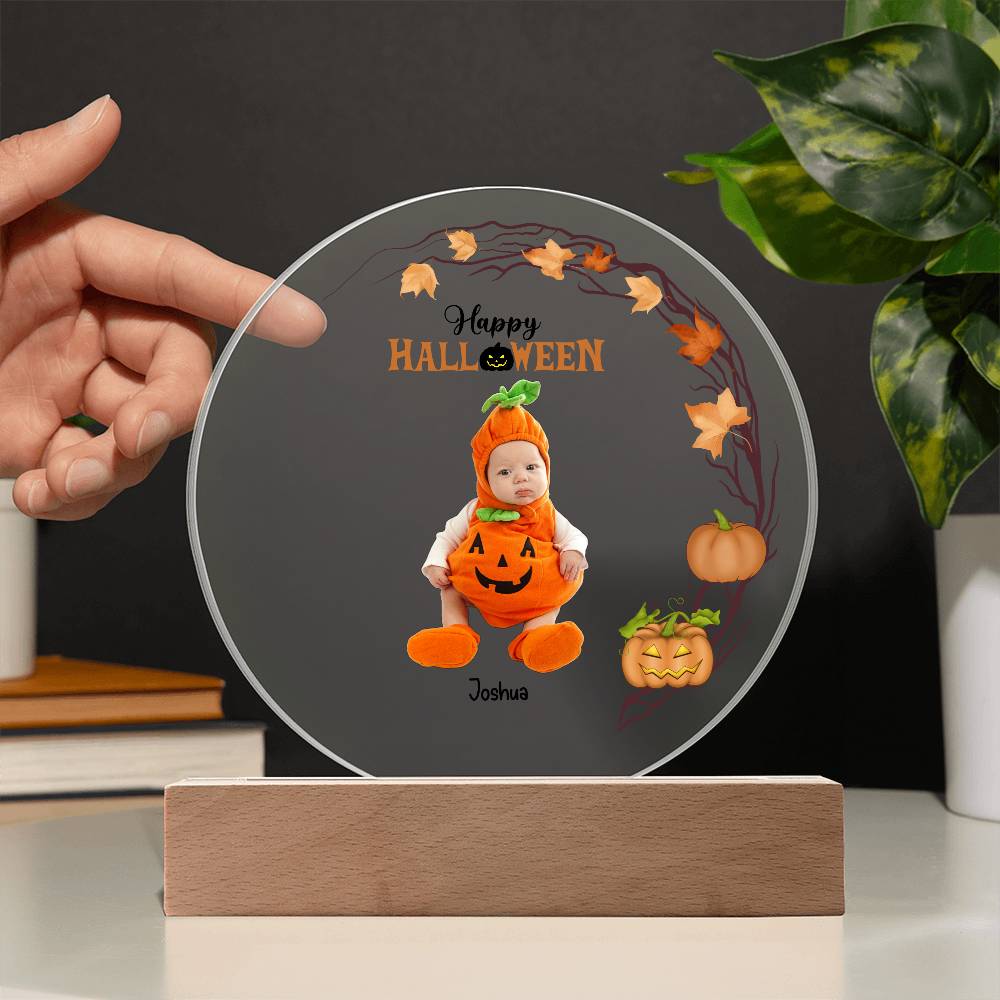 Personalized Halloween Photo Upload - Baby First Halloween Keepsake - Family Costume Round Acrylic Plaque with LED Lighted Base