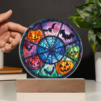 Spooky Halloween Decor Round Acrylic Plaque with Lighted LED Wooden Base