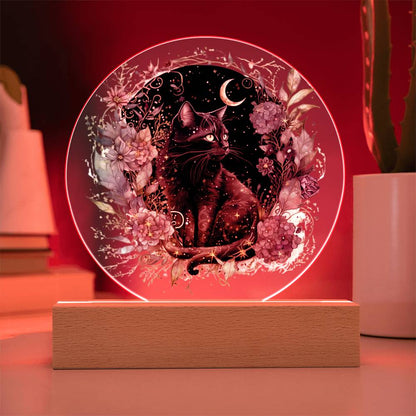 Black Cat Bewitchment: Halloween Printed Circle Acrylic Plaque with LED Lighted Wooden Base