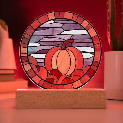 Pumpkin Stained-Glass Fall, Halloween, or Thanksgiving Home Decor Round Acrylic Plaque with Lighted LED Wooden Base