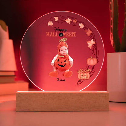 Personalized Halloween Photo Upload - Baby First Halloween Keepsake - Family Costume Round Acrylic Plaque with LED Lighted Base