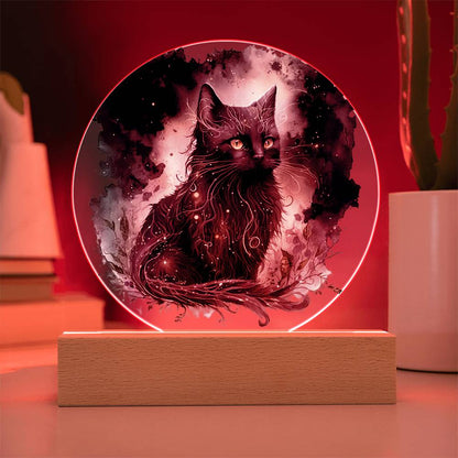 Black Cat Magic Spooky Halloween Printed Circle Acrylic Plaque with LED Lighted Wooden Base