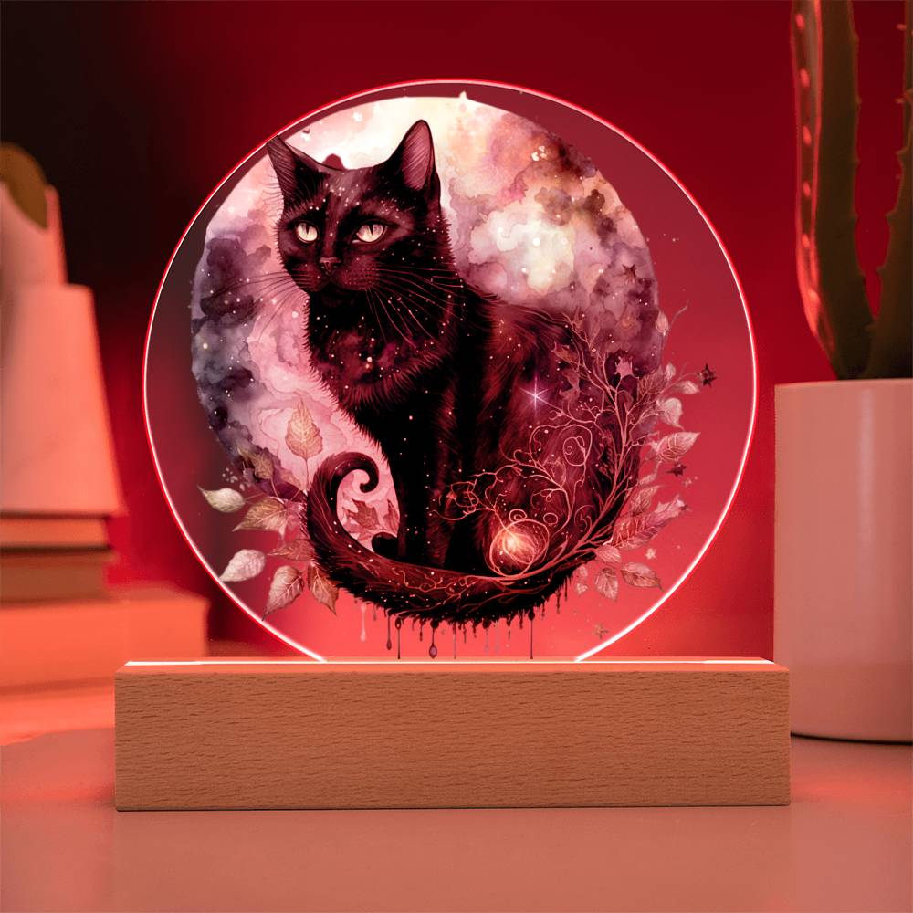 Charming Night Prowler: Black Cat Printed Circle Acrylic Plaque with LED Lighted Wooden Base