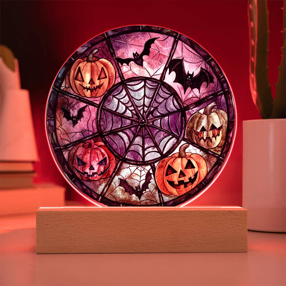 Spooky Halloween Decor Round Acrylic Plaque with Lighted LED Wooden Base