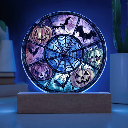 Spooky Halloween Decor Round Acrylic Plaque with Lighted LED Wooden Base