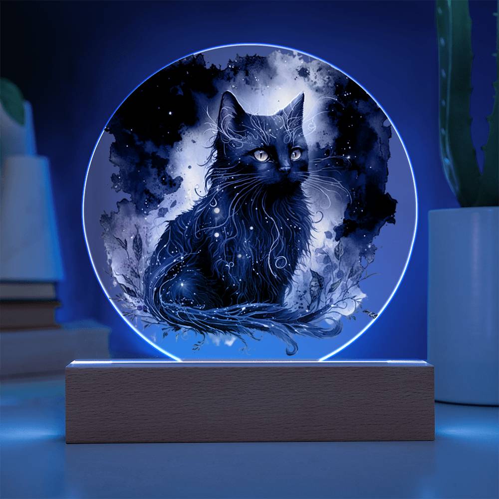 Black Cat Magic Spooky Halloween Printed Circle Acrylic Plaque with LED Lighted Wooden Base