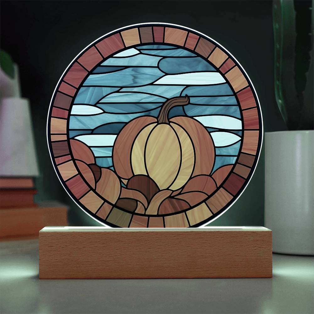 Pumpkin Stained-Glass Fall, Halloween, or Thanksgiving Home Decor Round Acrylic Plaque with Lighted LED Wooden Base