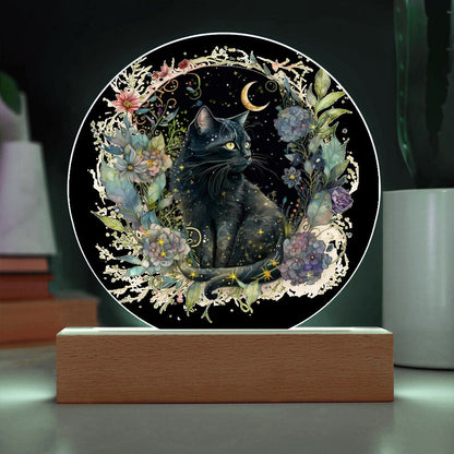 Black Cat Bewitchment: Halloween Printed Circle Acrylic Plaque with LED Lighted Wooden Base