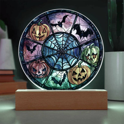 Spooky Halloween Decor Round Acrylic Plaque with Lighted LED Wooden Base