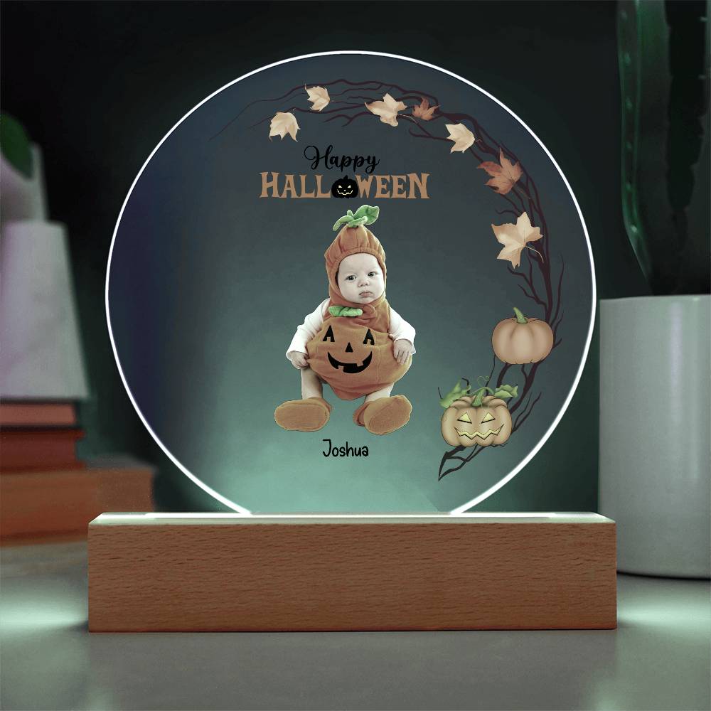 Personalized Halloween Photo Upload - Baby First Halloween Keepsake - Family Costume Round Acrylic Plaque with LED Lighted Base