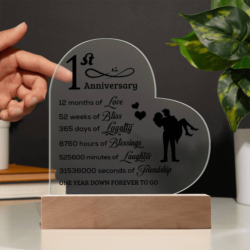 First Anniversary Heart Shaped Acrylic Plaque with LED Lighted Base