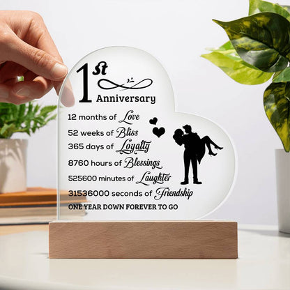 First Anniversary Heart Shaped Acrylic Plaque with LED Lighted Base