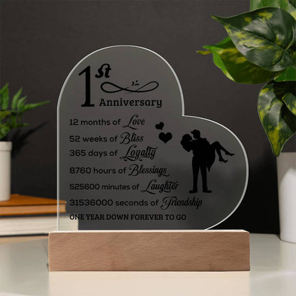 First Anniversary Heart Shaped Acrylic Plaque with LED Lighted Base