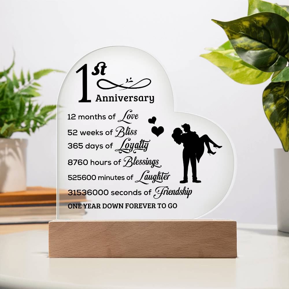 First Anniversary Heart Shaped Acrylic Plaque with LED Lighted Base