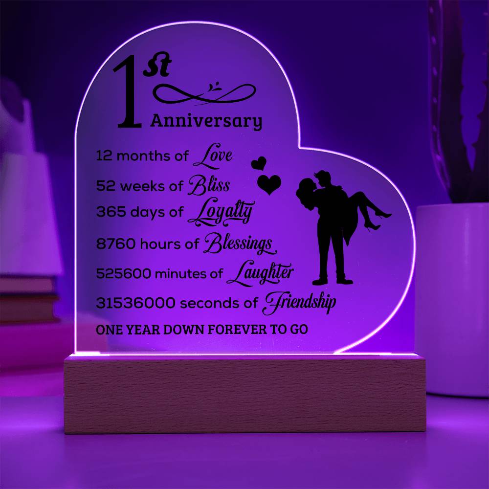 First Anniversary Heart Shaped Acrylic Plaque with LED Lighted Base