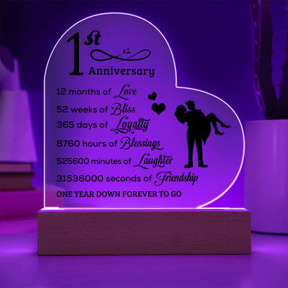 First Anniversary Heart Shaped Acrylic Plaque with LED Lighted Base