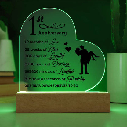 First Anniversary Heart Shaped Acrylic Plaque with LED Lighted Base