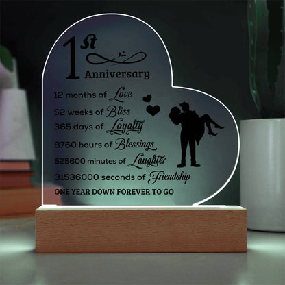 First Anniversary Heart Shaped Acrylic Plaque with LED Lighted Base