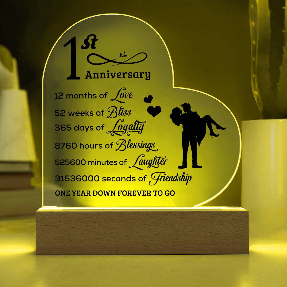 First Anniversary Heart Shaped Acrylic Plaque with LED Lighted Base