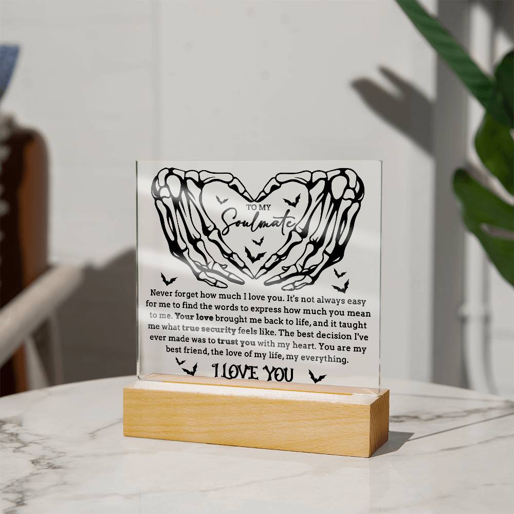 Soulmate - True Security - Halloween Acrylic Square Plaque with LED Lighted Wooden Base