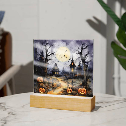 Halloween Haunt: Detailed Mansion Acrylic Plaque with LED Lighted Wooden Base