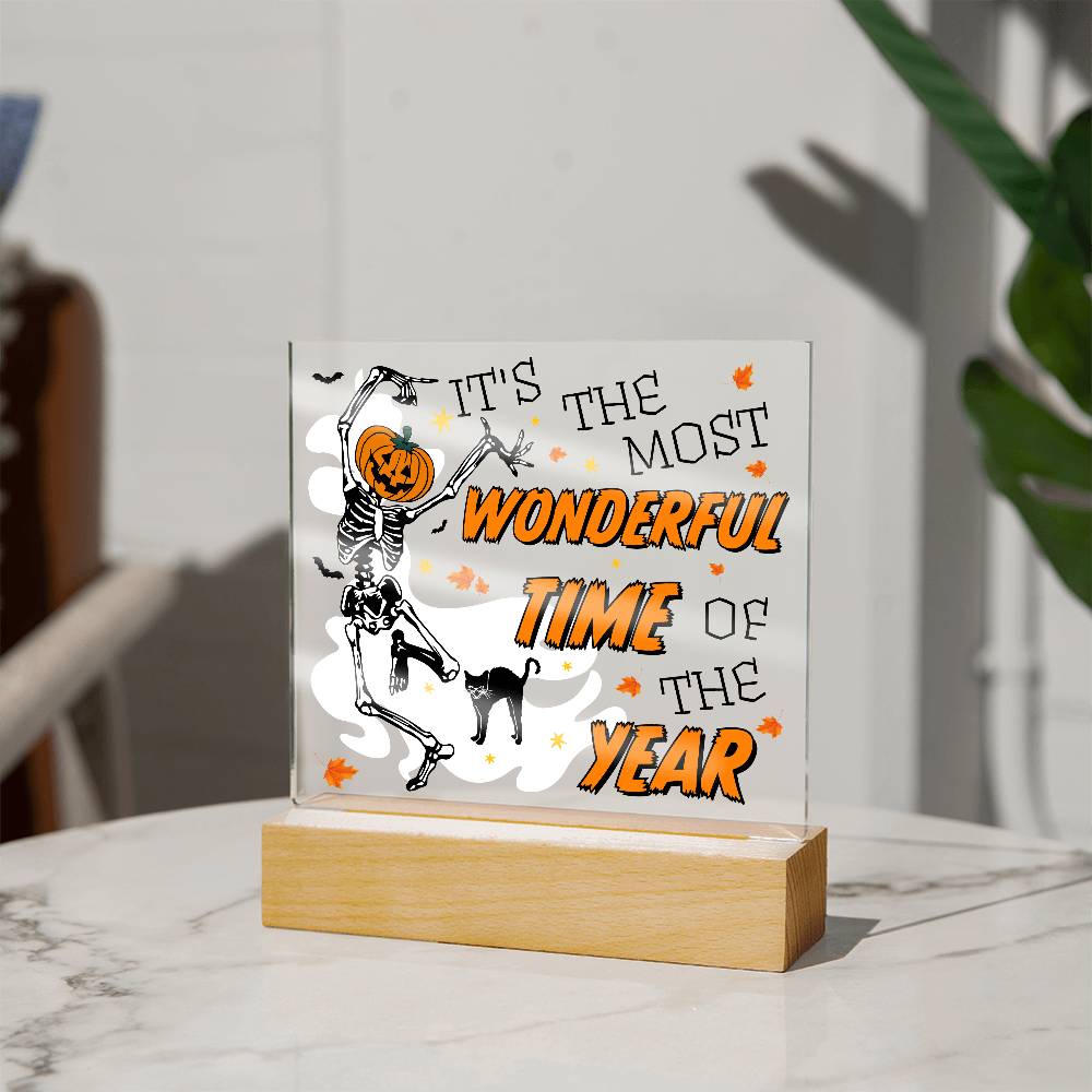 Halloween Decor - The Most Wonderful Time of the Year Acrylic Square Plaque with LED Wooden Base