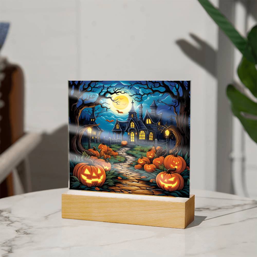 Halloween Decor Haunted Mansion Acrylic Square Plaque with LED Wooden Base