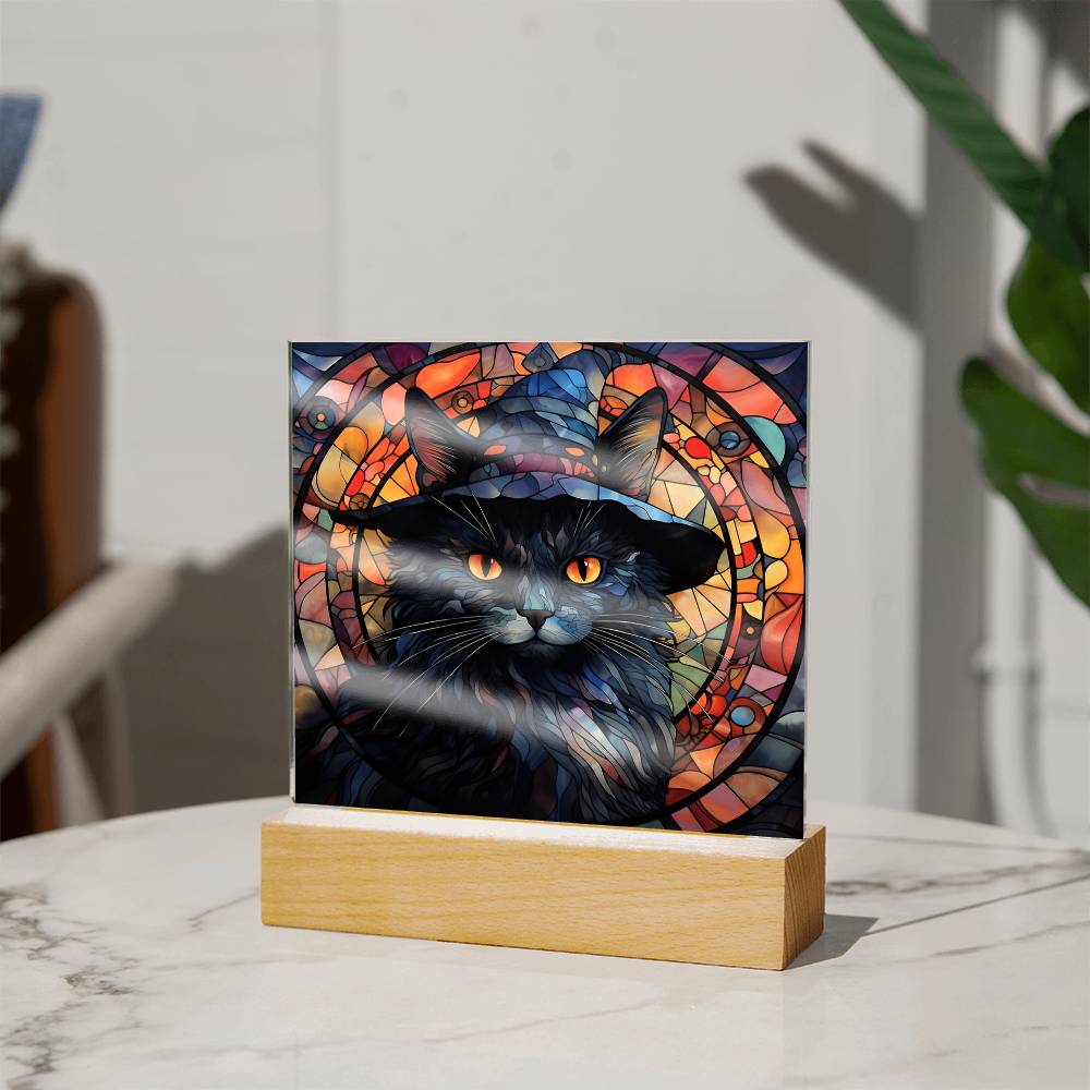 Halloween Decor - Spooky Black Cat Acrylic Square Plaque with LED Wooden Base