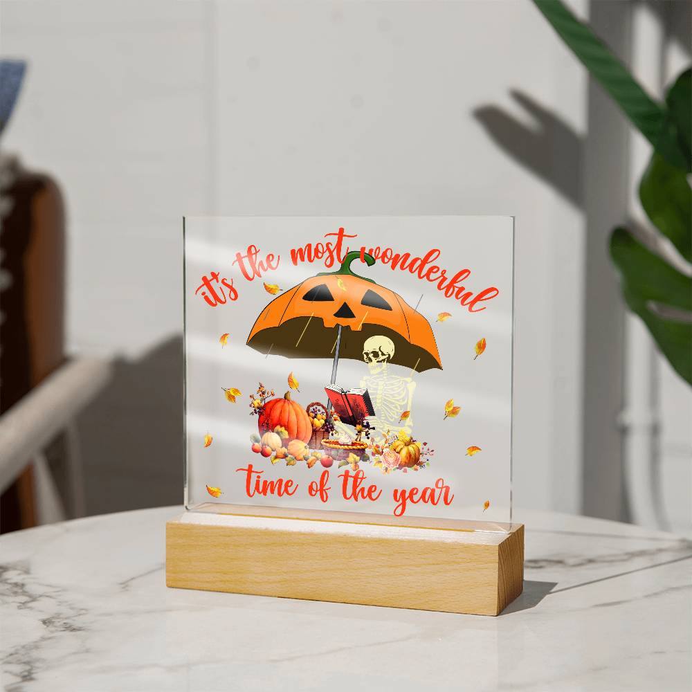 Halloween Decor - Most Wonderful Time of The Year Acrylic Square Plaque with LED Wooden Base