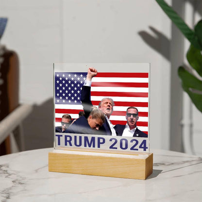 Trump 2024 Butler Rally Acrylic Plaque with LED Lighted Wooden Base