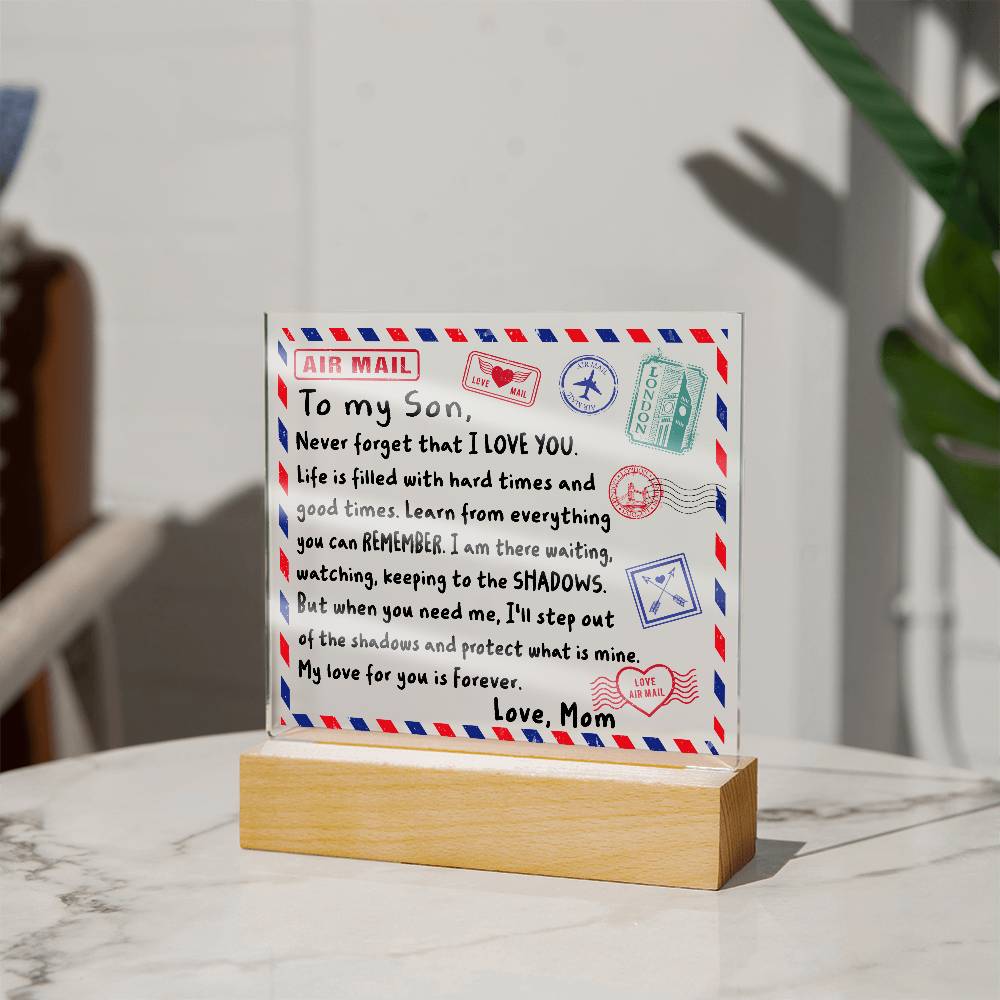 Letter To My Son, Love, Mom Acrylic Square Plaque with LED Wooden Base