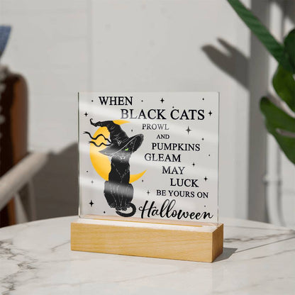 Halloween Decor - Black Cats and Pumpkins Gleam Acrylic Square Plaque with LED Wooden Base