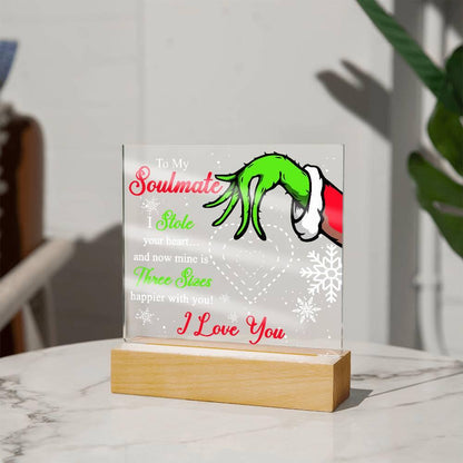 Soulmate Gift - Stole My Heart - Christmas Acrylic Plaque with Lighted LED wooden Base