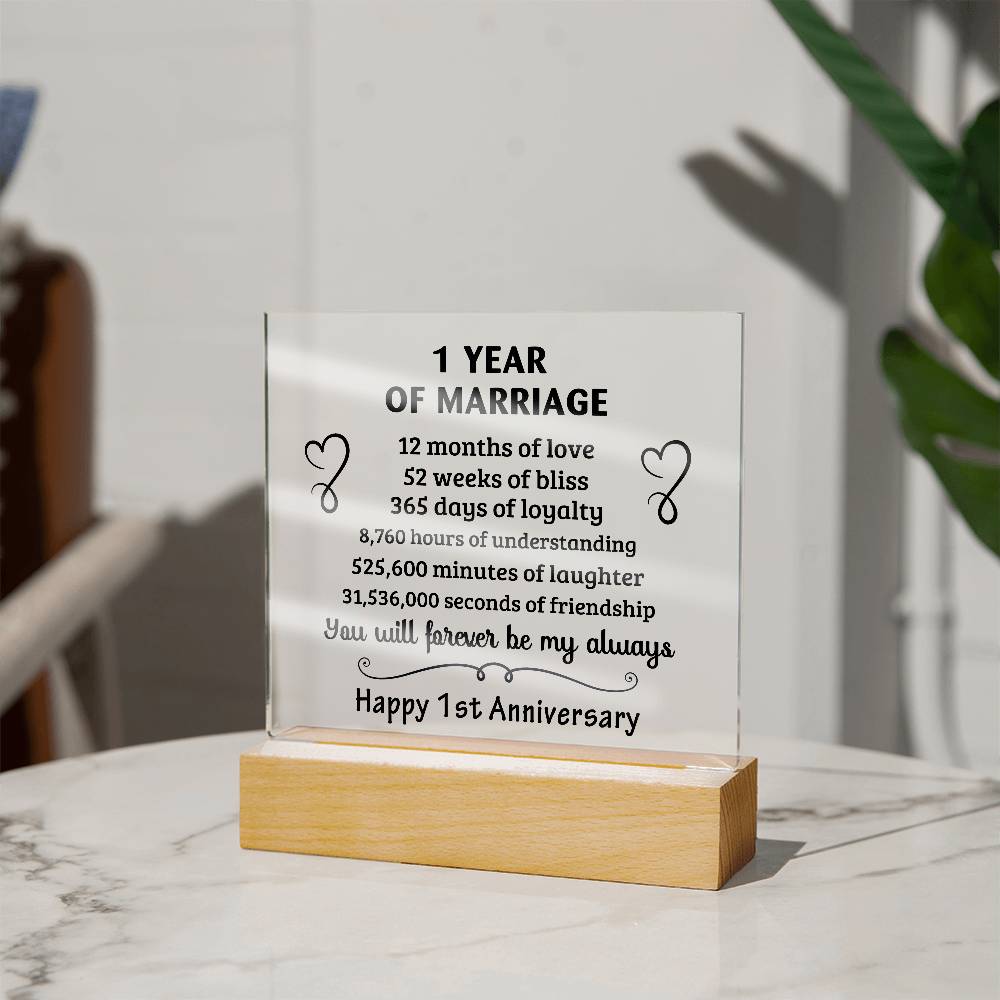 Anniversary Gift - One Year Of Marriage Acrylic Square Plaque with LED Wooden Base