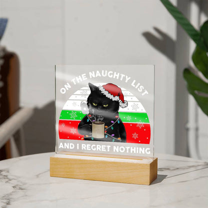 Christmas Santa's Naughty List Acrylic Square Plaque with LED Wooden Base